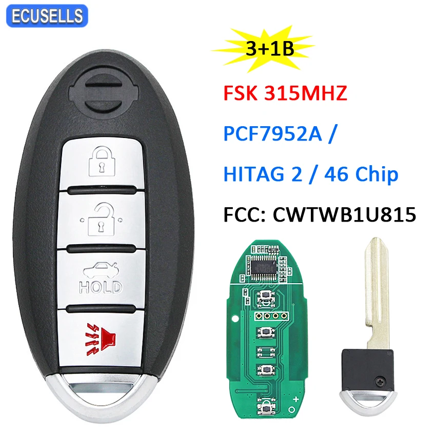 3 + 1/4 кнопки дистанционный ключ брелок от машины FSK 315 МГц PCF7952A / HITAG 2 46 чип для Nissan