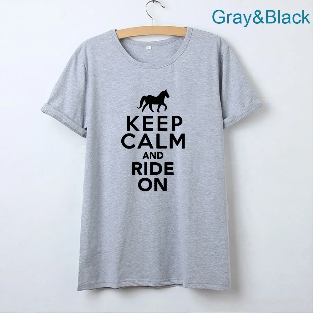 С надписью Keep Calm and ездить на забавная футболка женская с милой лошадкой и