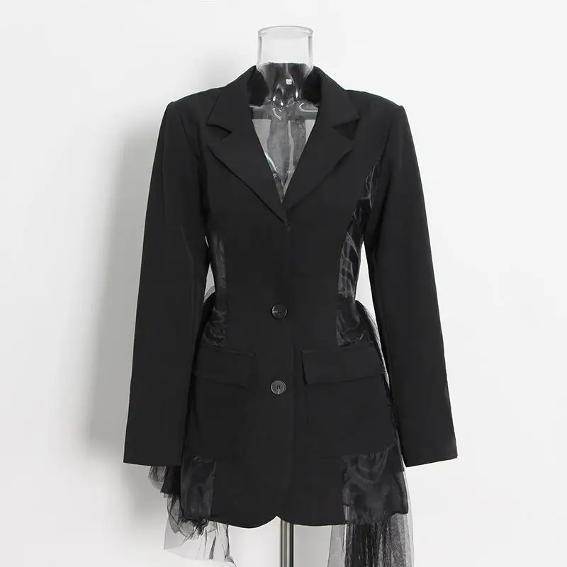 

Women's Straight Blazer Solid Color Mesh Fringe Patchwork Notched Long Sleeve Single-Breasted Jacket Office Slim Blazer 2021 New