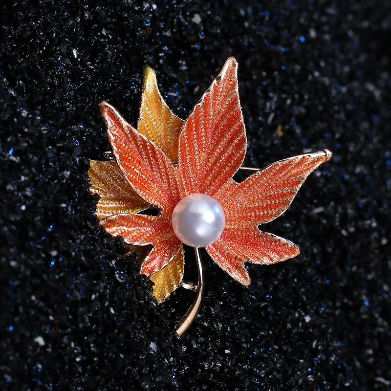 Trendy Imitation Pearl Brooches Gold Color Colourful Yellow Leaves Fashion for Women Dropshipping Jewelry Christma Gift