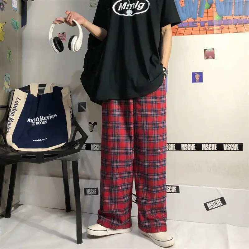 

women Harajuku Vintage Plaid Pants Women Korean Fashion Plus Size Red Wide Leg Pants Streetwear Checked Trousers Loose Pants