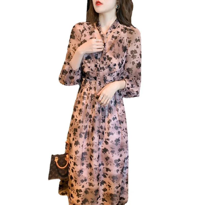 

Women 2021 Spring New Korean Retro Floral Design Midi V Neck Long Sleeve Fashion Elegant Party Birthday Clothing