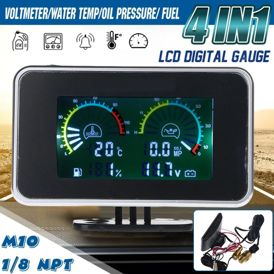 

4 In 1 LCD Car Temperature Sensor Digital Alarm Gauge Voltmeter Oil Pressure Fuel Water Oil Temperature Pressure Voltmeter Parts