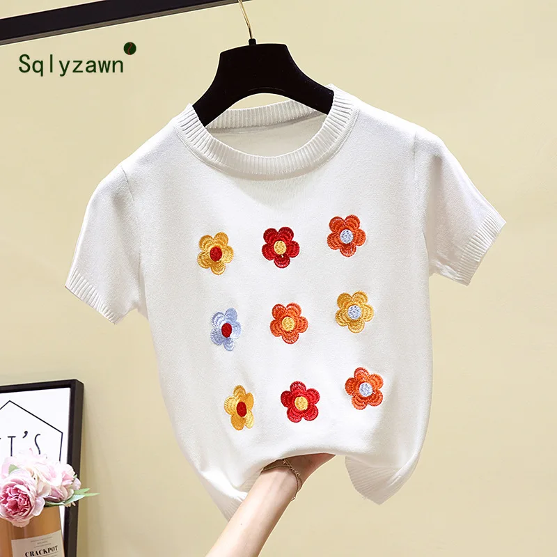 Женский свитер пуловер Тонкий Трикотажный Хлопковый топ с вышивкой и цветочным