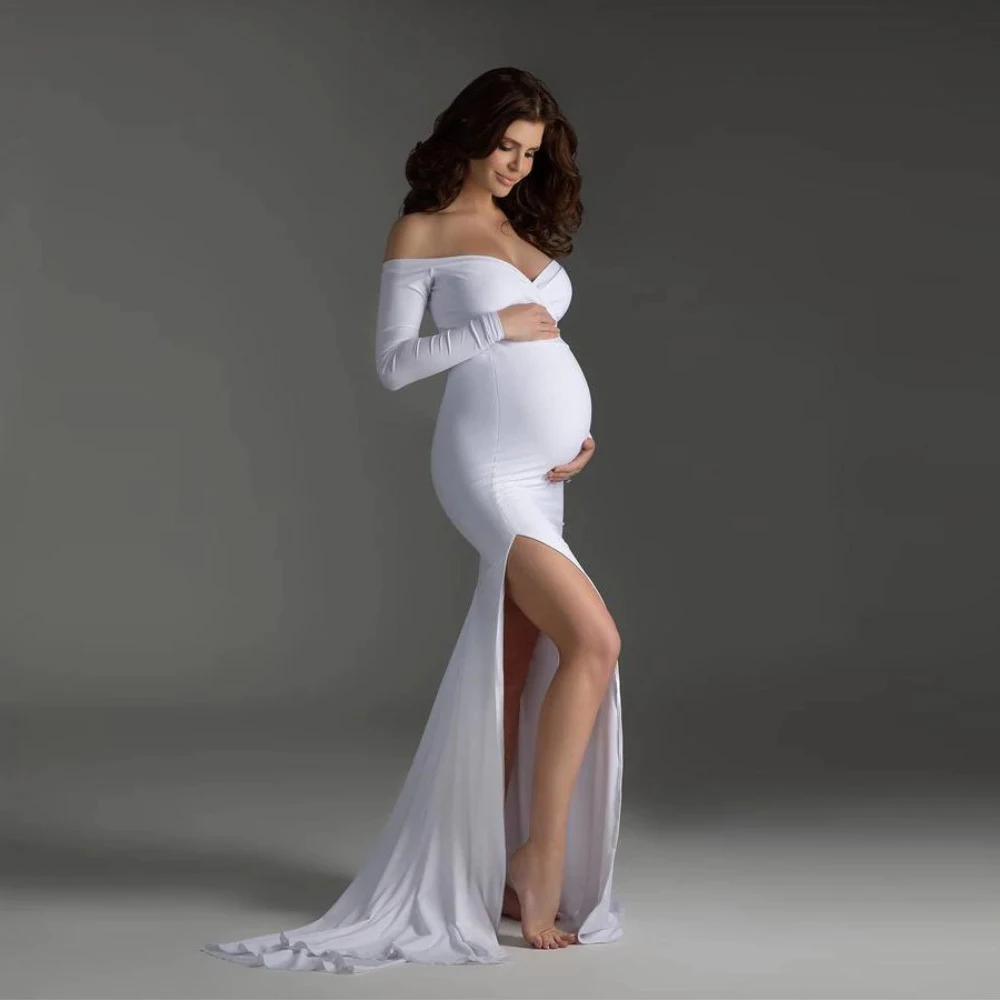 

Shoulderless Maternity Dresses Photography Props Sexy Split Side Maxi Gown For Pregnant Women Long Pregnancy Dress Photo Shoots