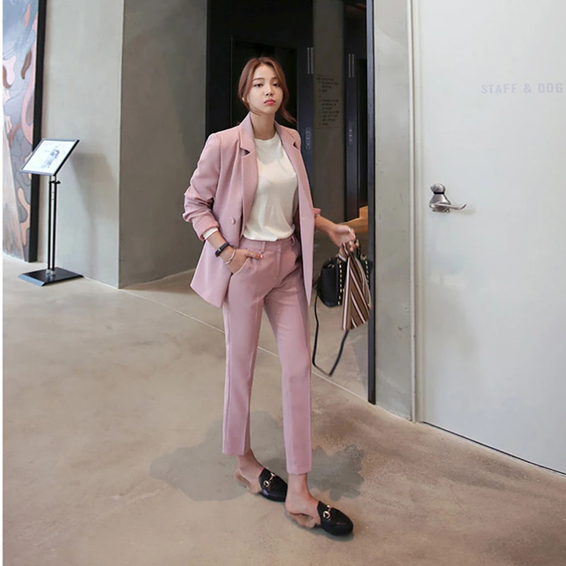 

2019 Autumn Korean Style Women Two Piece Set Fashion Double-breasted Long Sleeve Blazer + Casual Long Pants 2 Piece Women's Suit