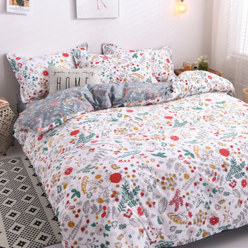 

Autumn Grey Bedding Set Home Duvet Cove 3 or 4pcs/Set Flat Sheet Pastoral Flower Bedclothes Flora AB Side Kids Bed Linens Coffee
