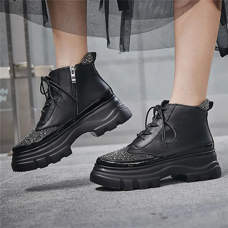 FEDONAS Winter Basic Women Ankle Boots Rhinestone Casual Platform Shoes Woman Genuine Leather High Heeled Party Short Boots