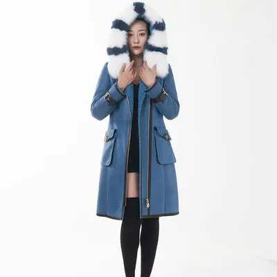 Peacock Blue Новое зимнее пальто из натуральной овчины, женское черное пальто из натуральной лисьего меха с воротником из русской замши размера плюс 5XL 6XL - Цвет: Peacock Blue
