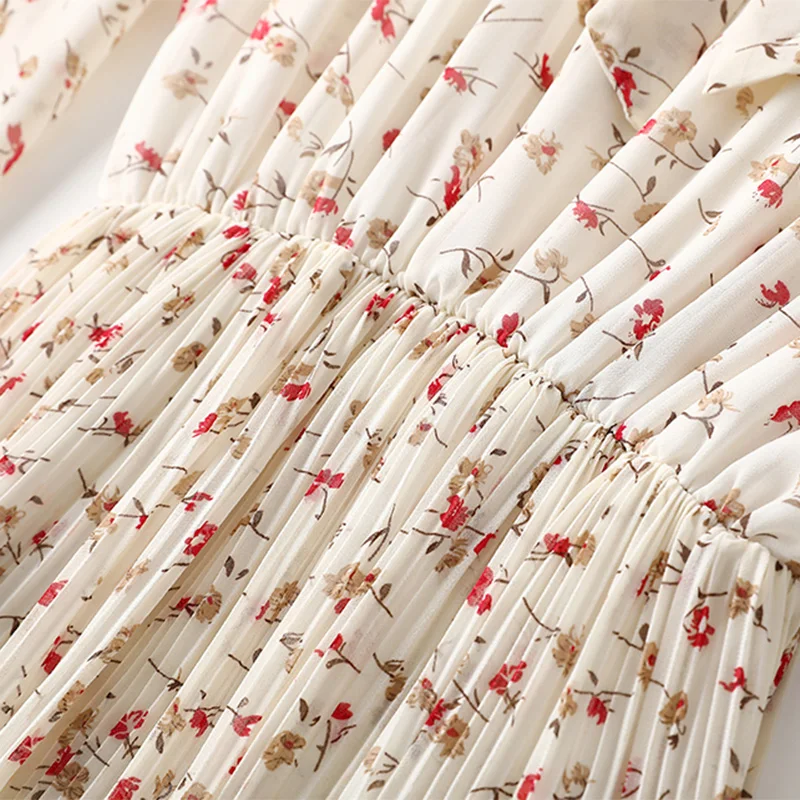 

Floral Print 2021 Spring Summer Dress Women Long Sleeve Bow Office Elegant Chiffon Dresses Female Chic Sweet Pleated Vestido