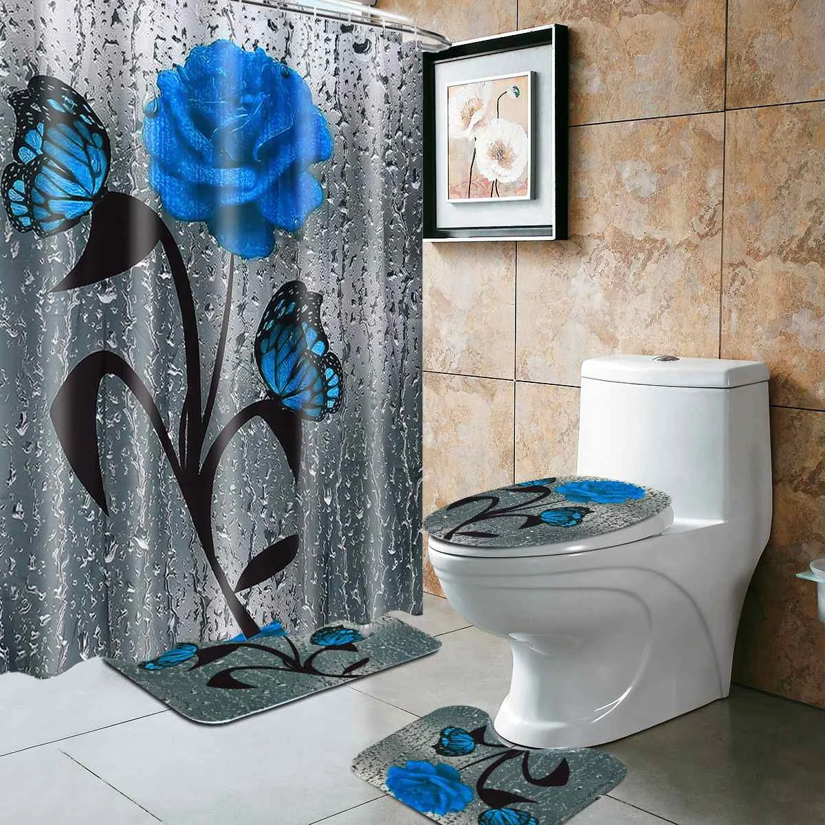 

Red Rose & Butterfly Bathroom Non-slip Mat Set Durable Waterproof Shower Curtain Set Pedestal Rug Lid Toilet Cover Bath Mat Rugs