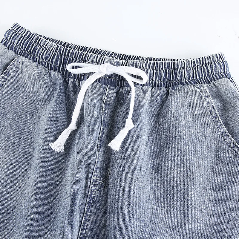 

Casual Loose Drawstring Woman Jeans Elastic Cargo Pants Solid 2020 Streetwear Denim Trousers Korean High Waist Jeans