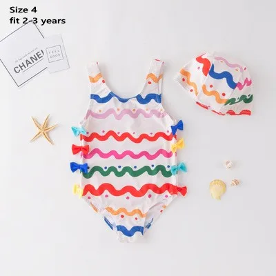 rainbow 4 Летний купальный костюм для девочек+ шапочка, 2 цвета, купальный костюм в морскую полоску с бантом купальный костюм с бантом на одно плечо для маленьких детей - Цвет: rainbow 4