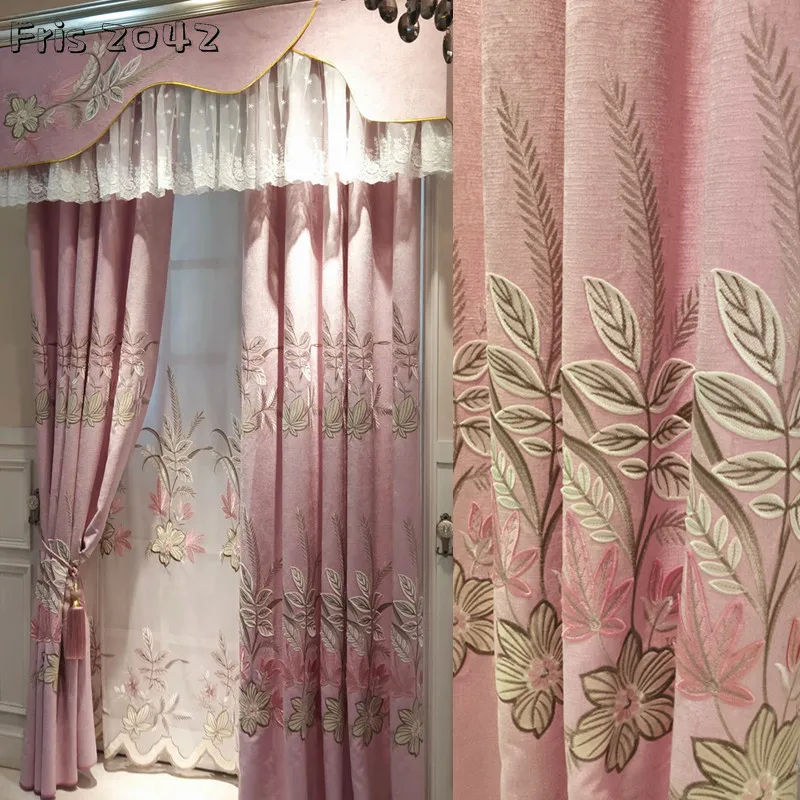

Chenille Embossed Embroidered Curtains Two-color Finished Custom Shading Curtains for Living Dining Room Bedroom