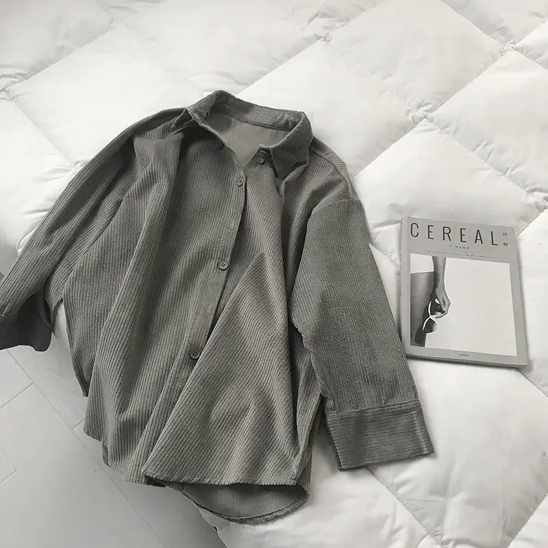 

2021 Autumn Women Japanese Harajuku Lazy Style Loose Corduroy Thin Long-sleeved Coat Mid-length Shirt
