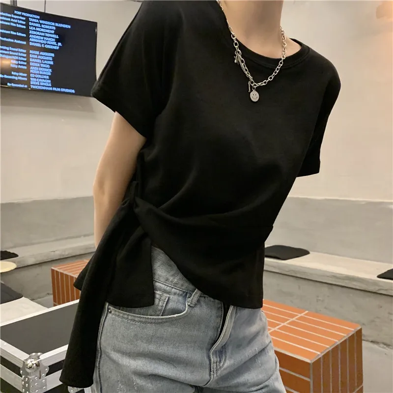 

2545 Korean style all-match short design irregular solid color short-sleeved T-shirt women
