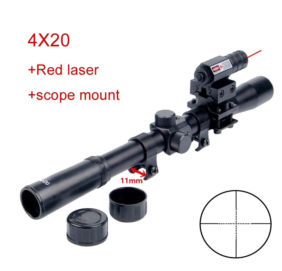 

4X20 охотничий оптический прицел на винтовку 11 мм рейку + Red Dot лазерный прицел + регулируемый железнодорожный 20 мм Вивер баррель прицела