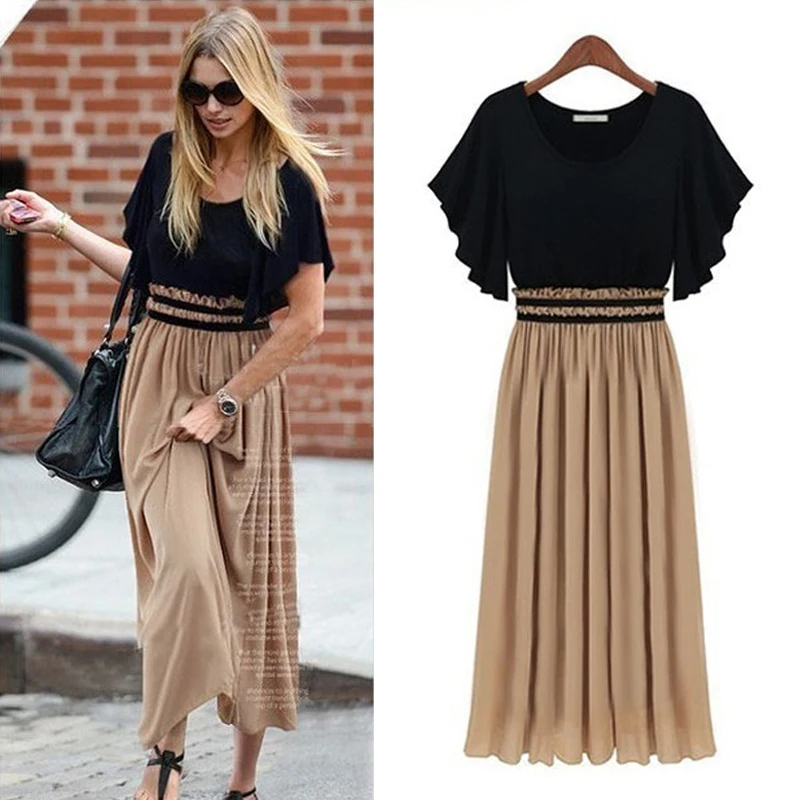 

2021 New Summer Fashion Casual Women Chiffon Flare Short Sleeve Patchwork Pleated Dress Female Folded Elastic Waist Maxi Dresses