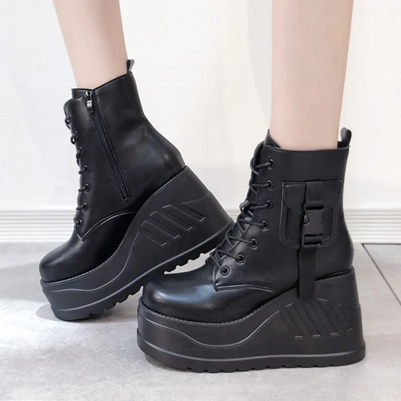 

Женские нескользящие ботильоны, ботинки в стиле панк на платформе и высоком каблуке, с круглым носком, большие размеры до 43, Осень-зима 2021