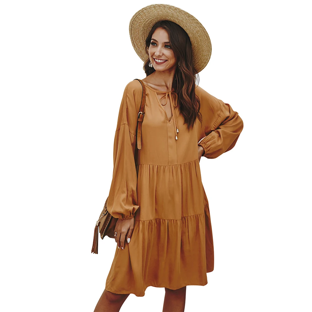 

Women's Long Sleeve Dress V-neck Collar Drawstring Design High Waist Loose Flowy Swing Dresses for Spring MAEA99