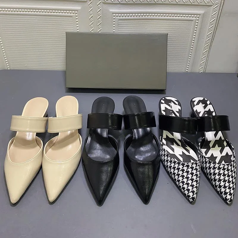 Женские туфли без задника шлепанцы с широким ремешком заостренный носок круглый