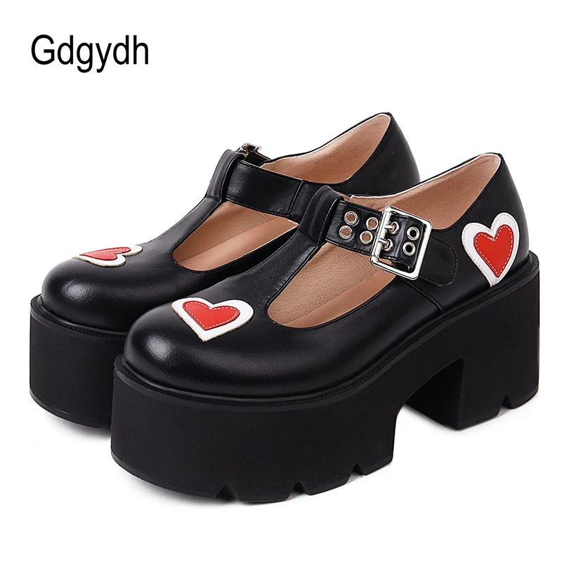 

Gdgydh Heart Print Chunky Goth Platform Women Shoes T Strap Heart Shoes Heels Platforms Buckle Punk Style Lolita Plus Size