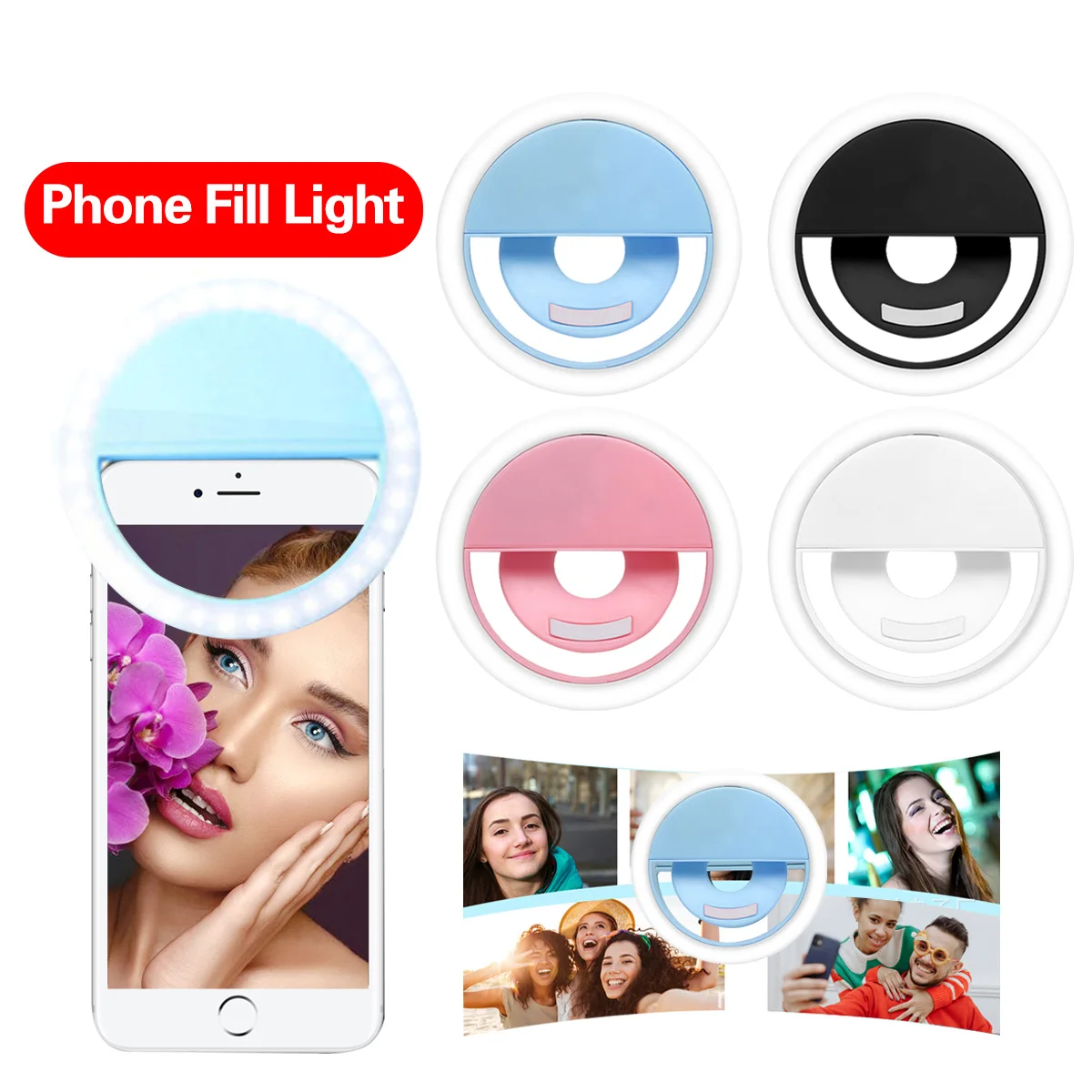

Mobile Phone LED Three Gear Ring Fill Light Selfie Live USB Rechargeable Cellphone Camera Clip-on Selfie Ring Beauty Light Lamp