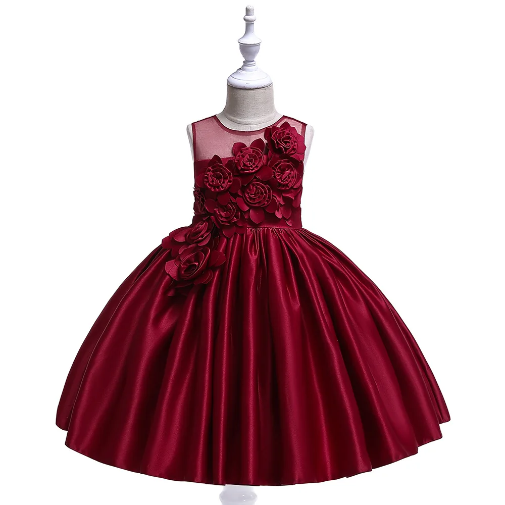 

2021 New Girls Sleeveless Flowers Wine Red White Princess Dress Kids Elegant Party Prom Ball Gown Children Costume 3-14 Year