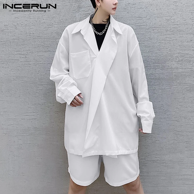 

New Men 2021 INCERUN Leisure Long-sleeved Shirt Suits 2 Pieces Japanese Korean Style Fashion Five-point Pants Streetwear S-5XL