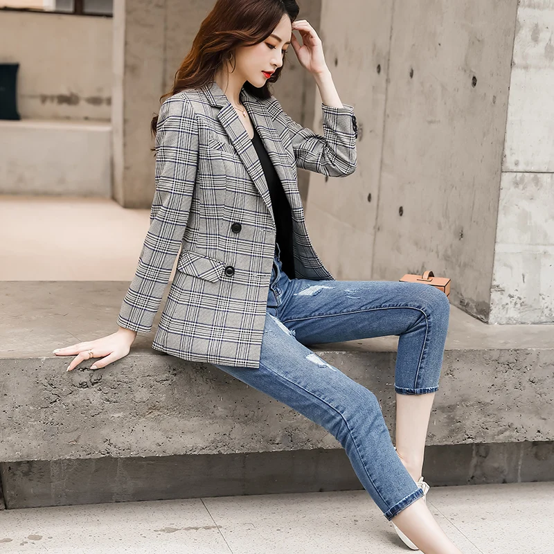 Женский двубортный пиджак Lenshin винтажное клетчатое пальто в английском стиле с