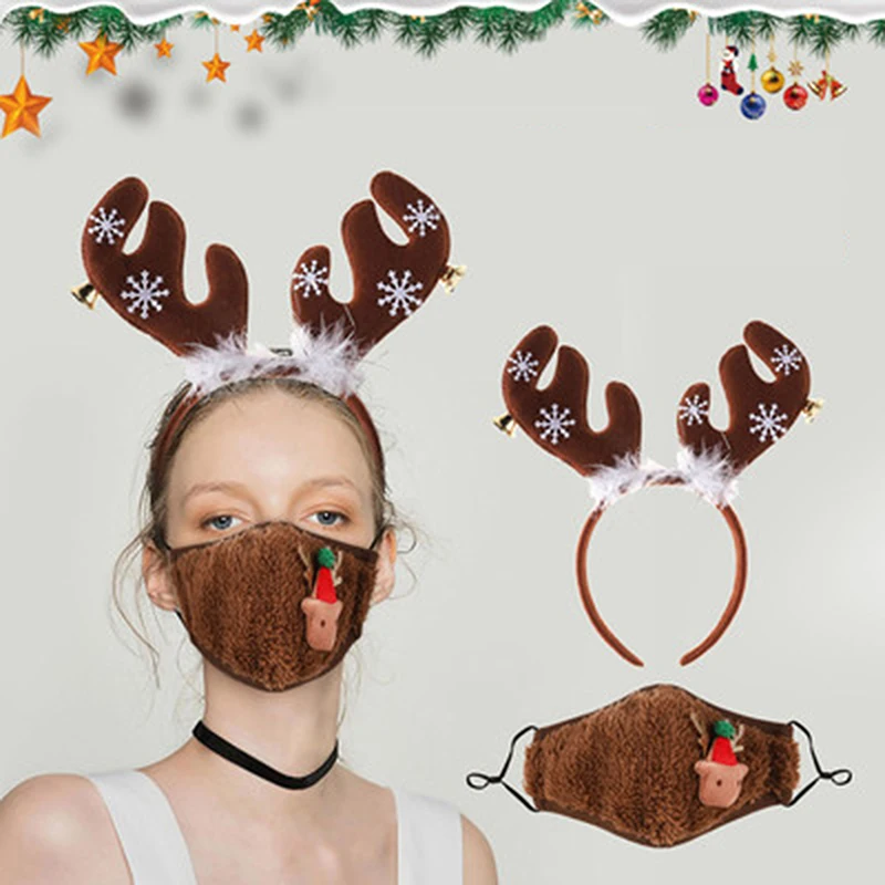 

Women Christmas Mask Headband Set Plush Women Head Wrap Hair Bands cuteChristmas Elk Headdress 2021 Fashion Halloween Cosplay