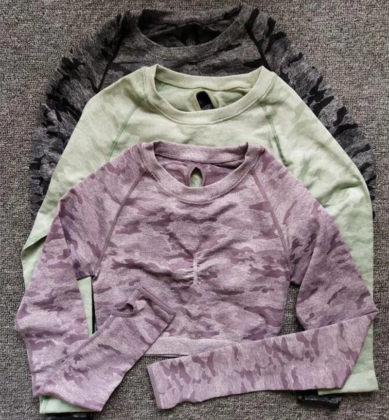 Женский комплект для йоги бесшовный Камуфляжный Топ с длинным рукавом рубашка