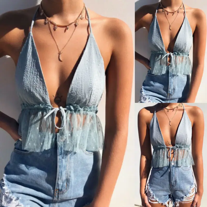 Женский жилет без рукавов с открытой спиной бандажный топ лямкой на шее сетчатый