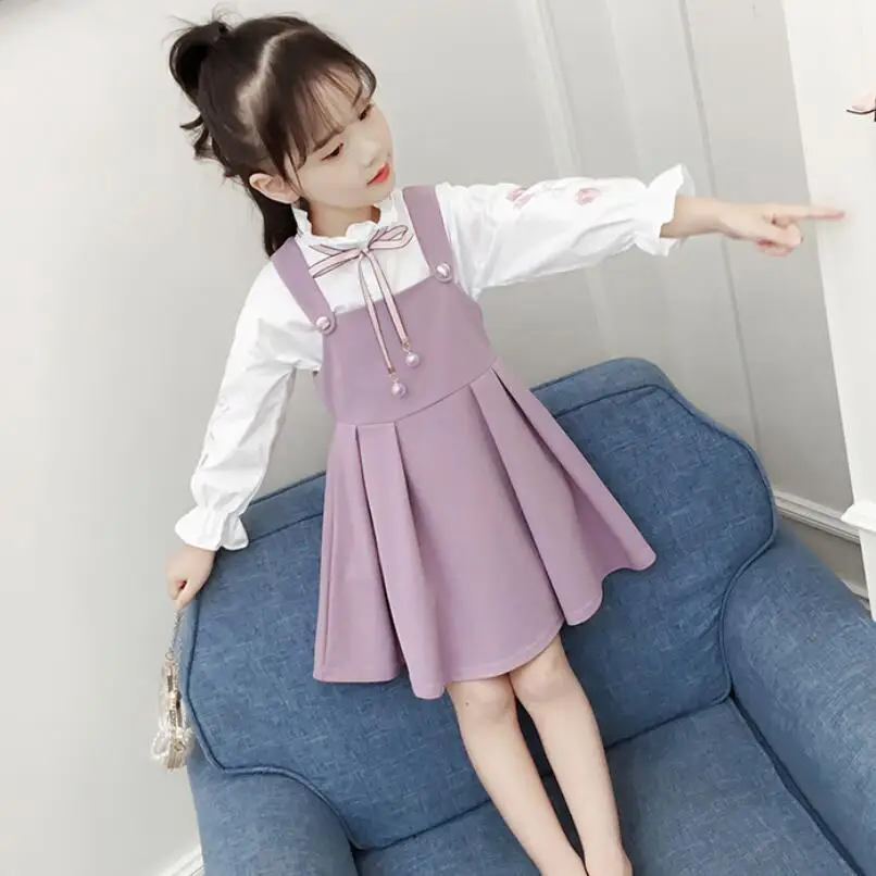 

2020 New Autumn Toddler Teen School Girl Clothes 2 Pcs Suit Long Sleeve White Blouse+Straps Dress Kids Children Clothing Sets