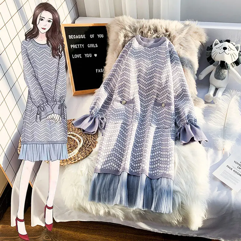 

Women's 2020 Autumn and Winter New Sweaters Long Mesh Stitching Knitted Dress With Flower O-neck Long Sleeve Top y203