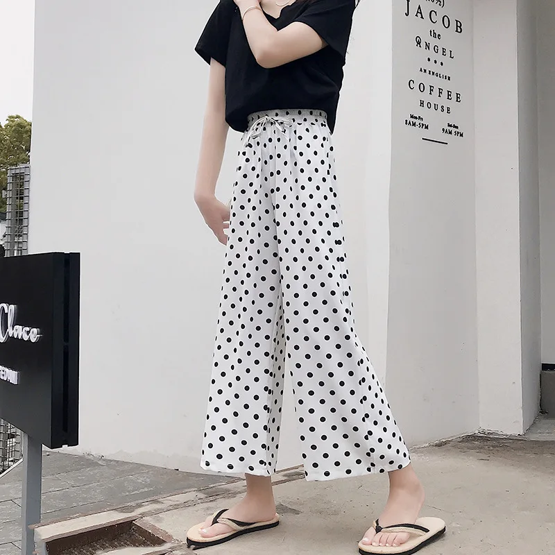 

Bella Philosophy 2019 Summer Polka Dot High Waist Wide Leg Pants Loose Holiday Pleated Ankle-Length Pants Trousers Striped Pants