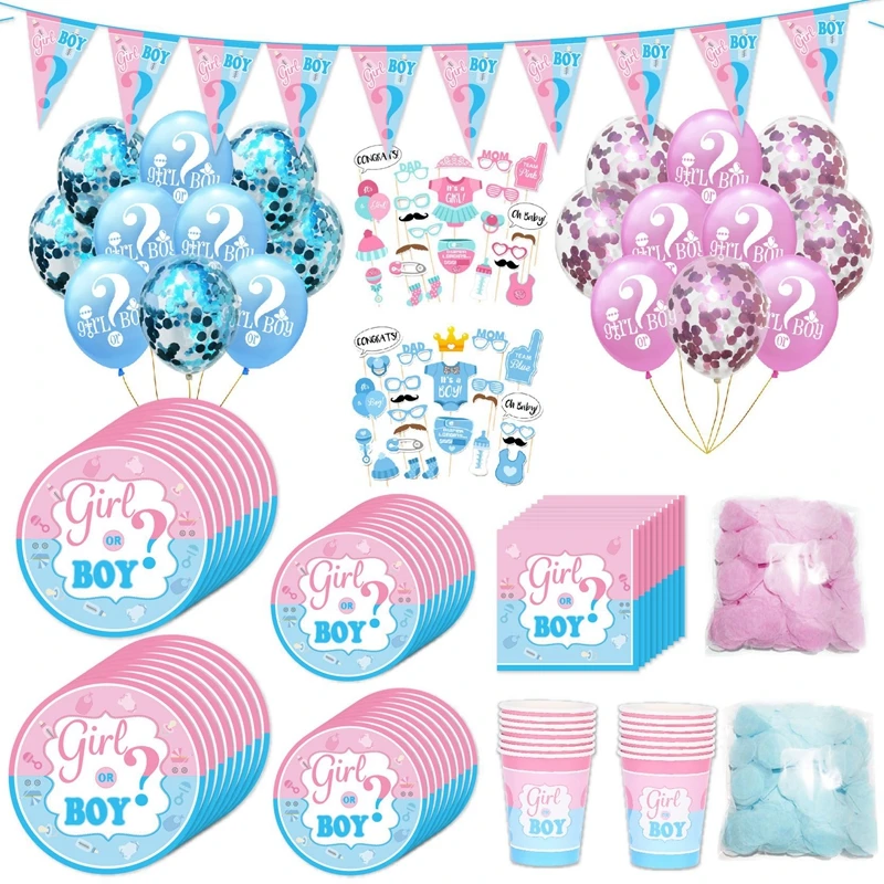 

Gender reveal tableware party decor girl or boy latex balloon banner disposable tableware baby shower birthday party decoration