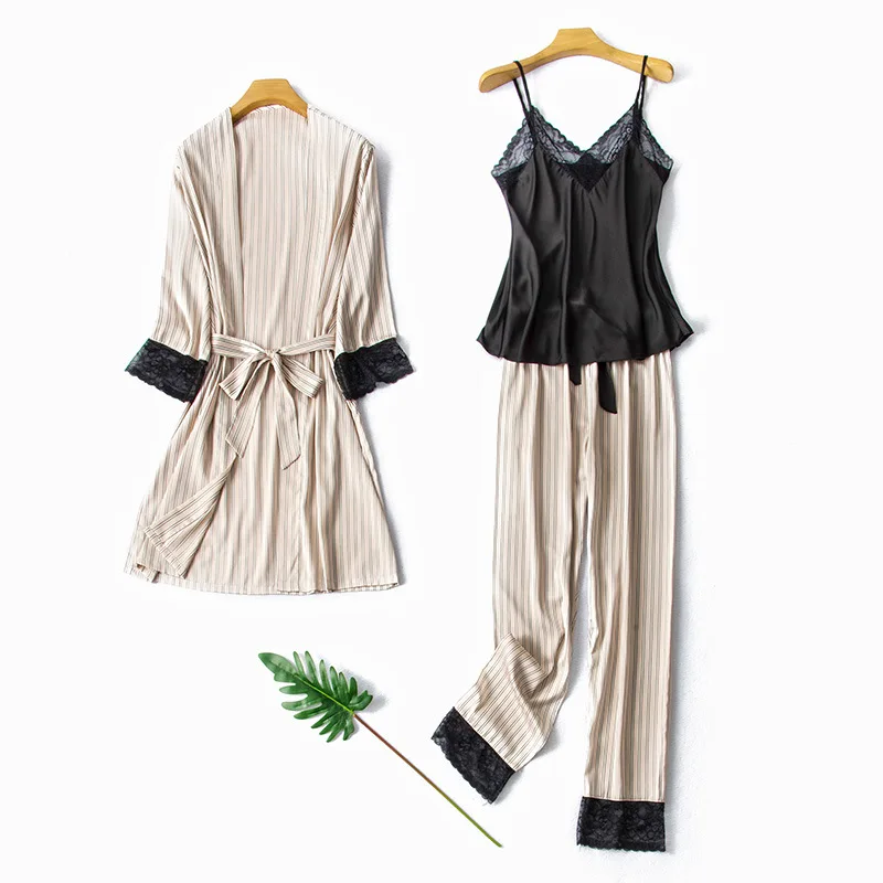 

Women Sexy Lace Suspender Pijamas Suit New Satin 3pcs Pajamas Set Loose Casual Home Clothes Spring Summer Sleep Set Kimono Gown
