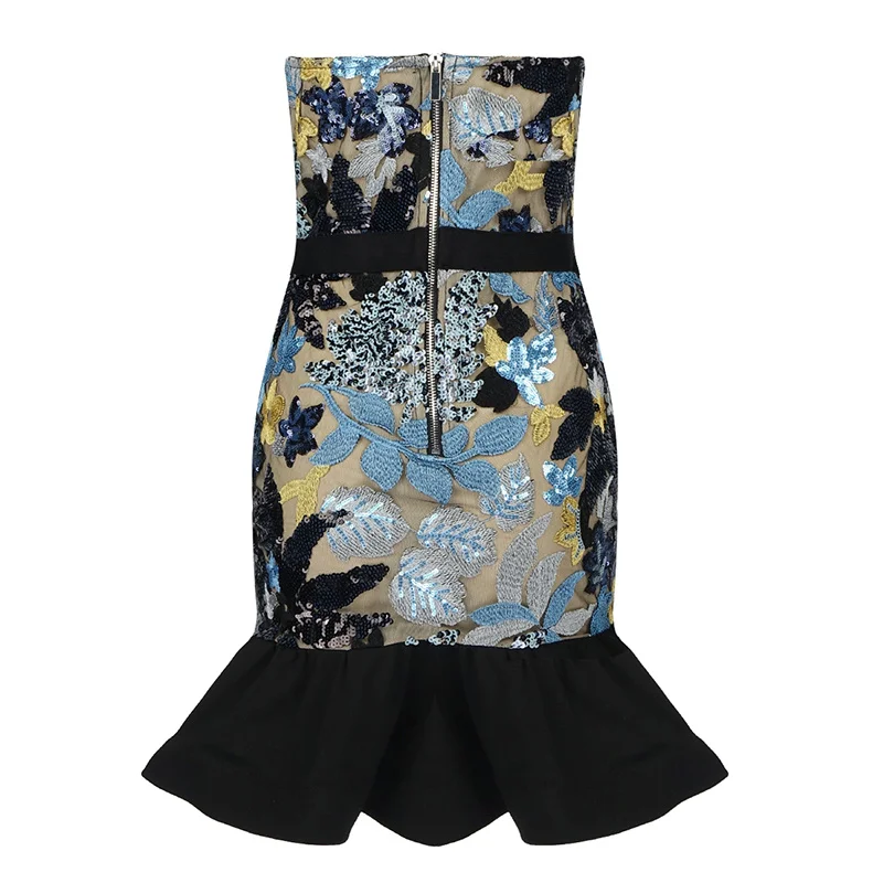 

High Quality Celebrity Blue Print Strapless Pencil Bandage Dress Elegant Club Party Dress Vestidos
