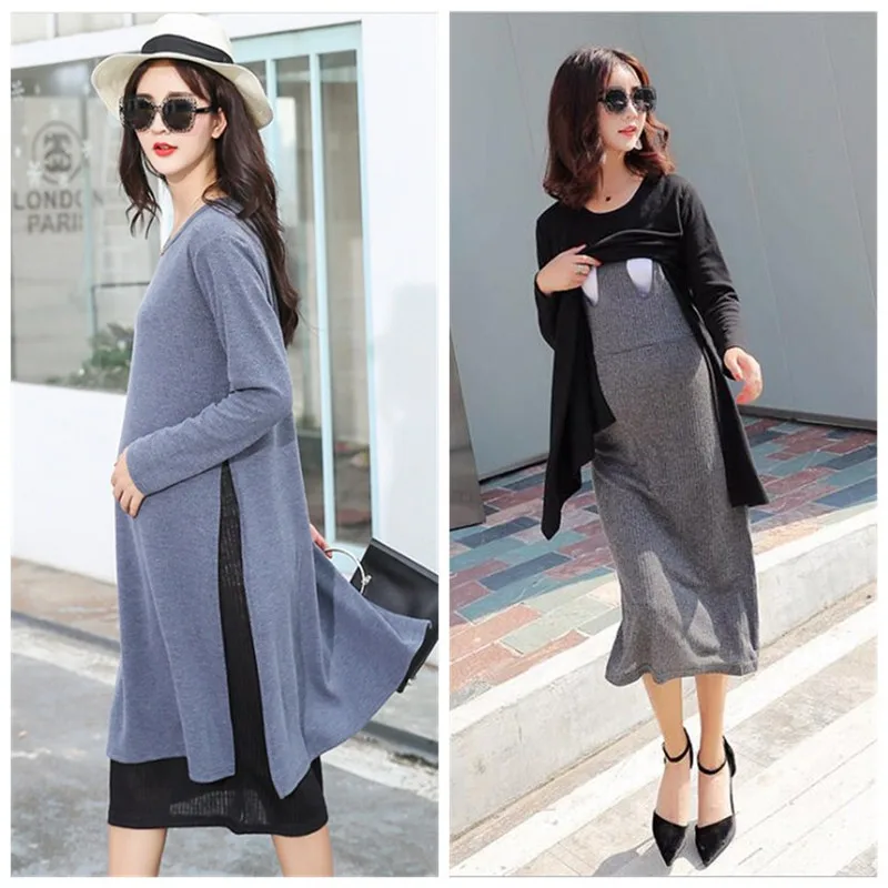 

Осенне-зимние платья для беременных и кормящих матерей, Одежда для беременных, трикотажные платья для грудного вскармливания, предметы оде...