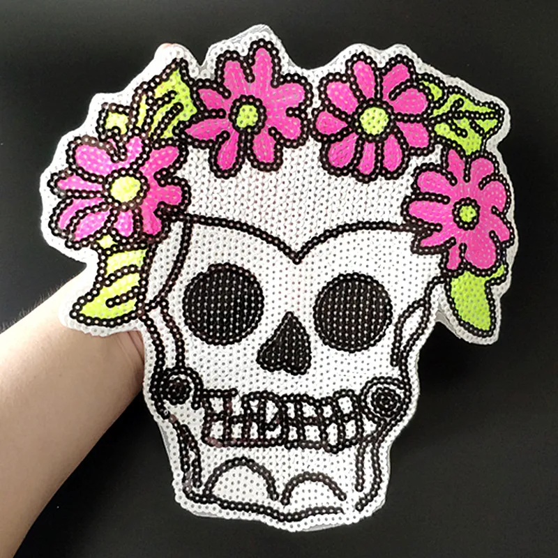 

Skull Flower Patches For Clothing Sequins Large Biker Badge Embroidery Fabric Sequined Patch Clothes Stickers Christmas gift