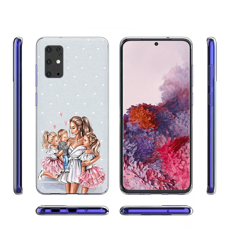 Black Brown Hair Baby Mom Girl Son Soft TPU Phone Case For Samsung S21 Ultra S20 FE Note 20 10 Pro 9 S10 Lite S10E S9 Plus Cover