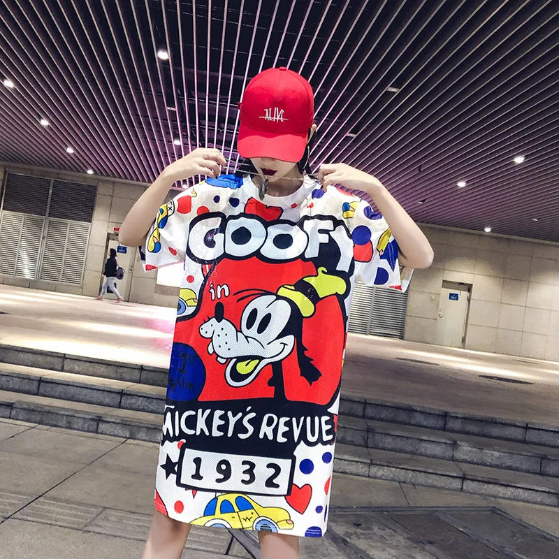 

Disney Mickey Dog T Shirts Women Korean Fashion Loose Large Size Fashion Mesh Fabric Hip Hop Harajuku Short-sleeve Dress Summer