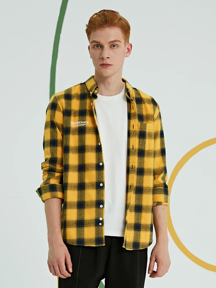 Рубашка мужская повседневная в клетку хлопок длинный рукав приталенная