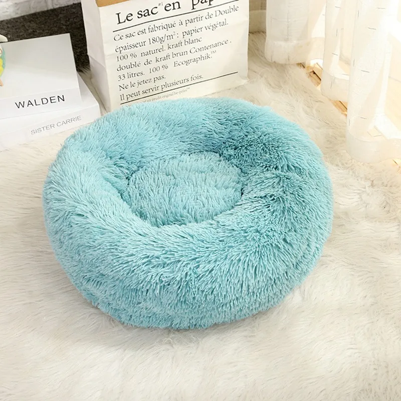 Lake Blue Круглые плюшевые кровати для кошек, собак, мягкая длинная плюшевая кровать для кошек, круглая кровать для собак, для маленьких кошек, гнездо для зимнего теплого сна, коврик для щенка - Цвет: Lake Blue