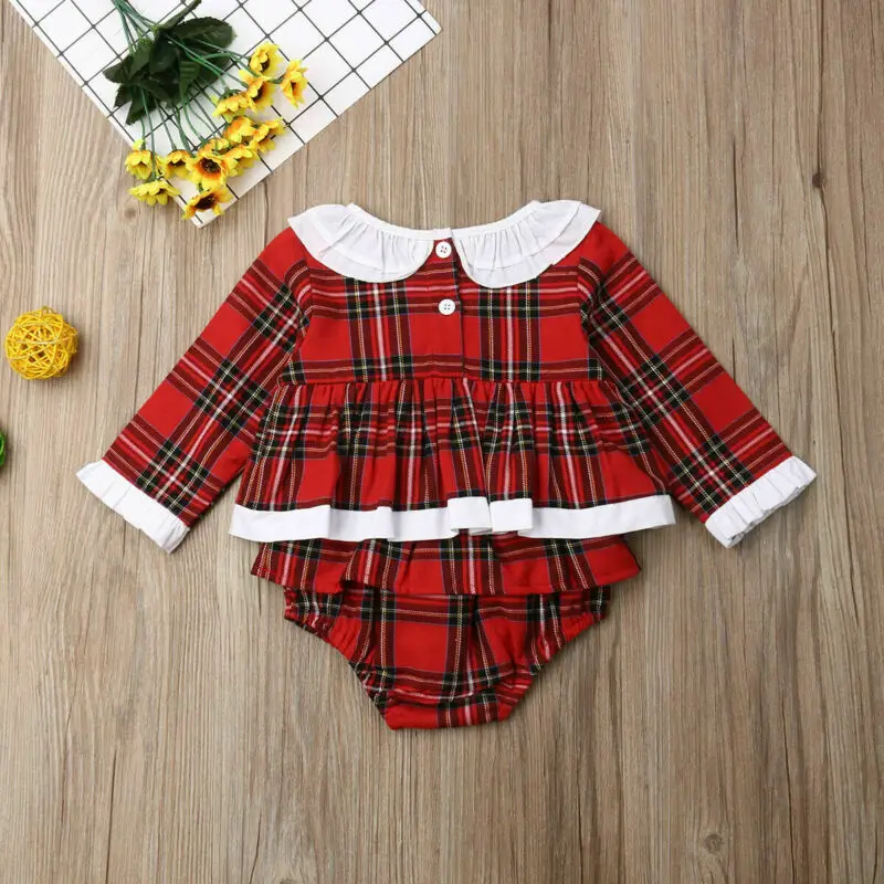 Emmababy Newborn Baby Girls Christmas Plaid Long Sleeve Bodysuit Jumpsuit Xmas Outfits