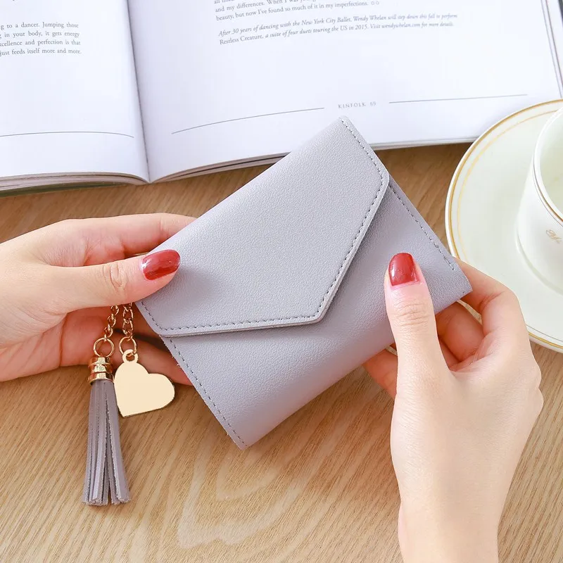 

2021 Women's Short PU Wallet Coin Purse Women Card Bag Cute Trend Small Fashion Student Tassel Pendant Wallet for Ladies