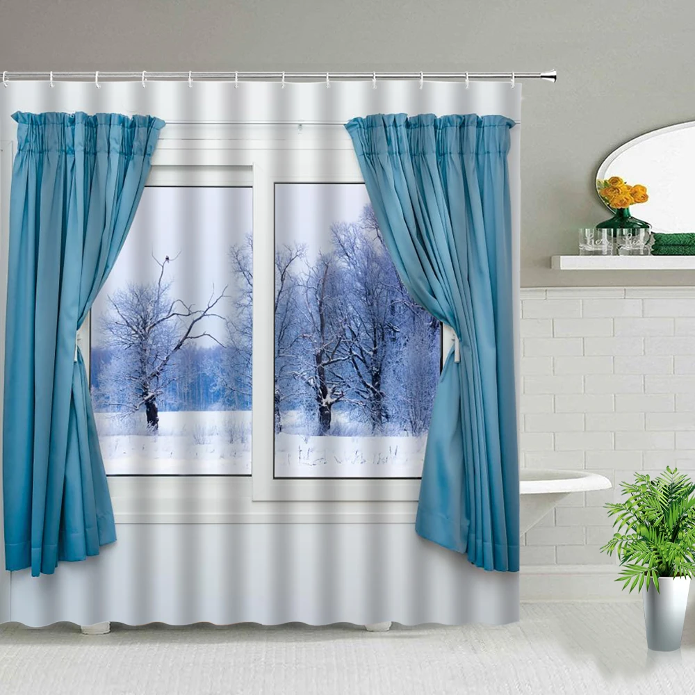 

Natural Scenery Shower Curtains Waterfall Ocean Spring Plant Landscape Bathroom Decor Waterproof Fabric Wall Decor Cloth Curtain