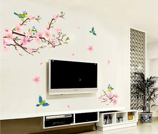 

2021 Romantic Peach Blossom Magpie Wall Sticker TV Bedroom Study Wall Decoration Christmas Gift