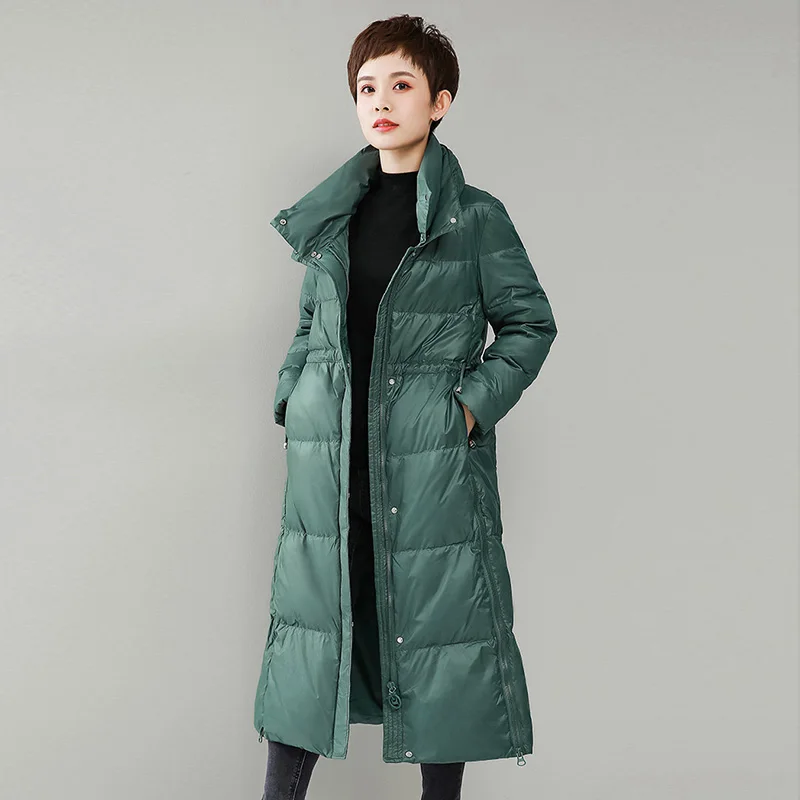 

Dark Green Thicken Down Jackets Winter New Long Women White Duck Down Coats Waist Slim Warm Stand Collar Down Jackets HK625